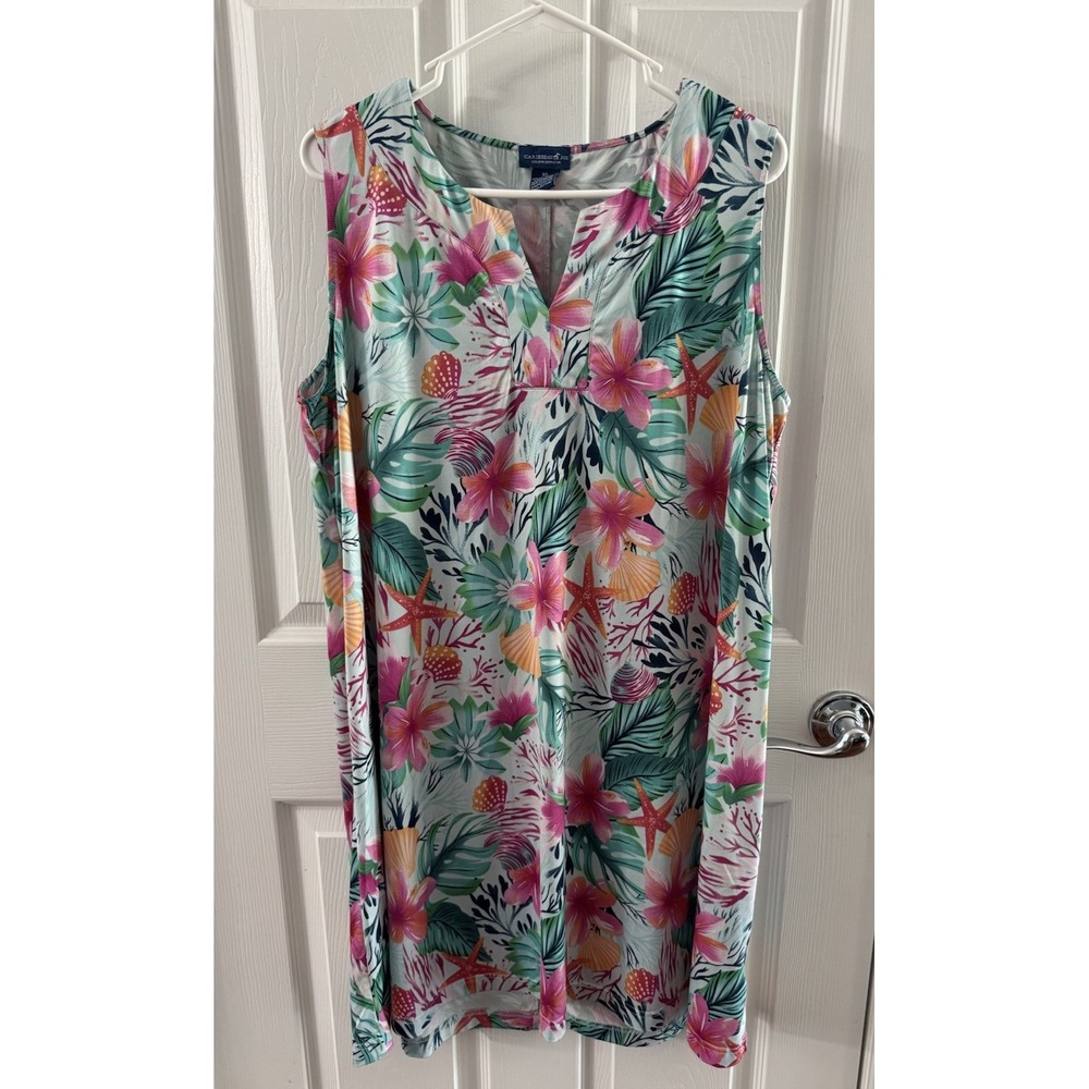 Caribbean Joe Women's XL Tropical Floral Sleeveless V Neck Shift Dress Beach